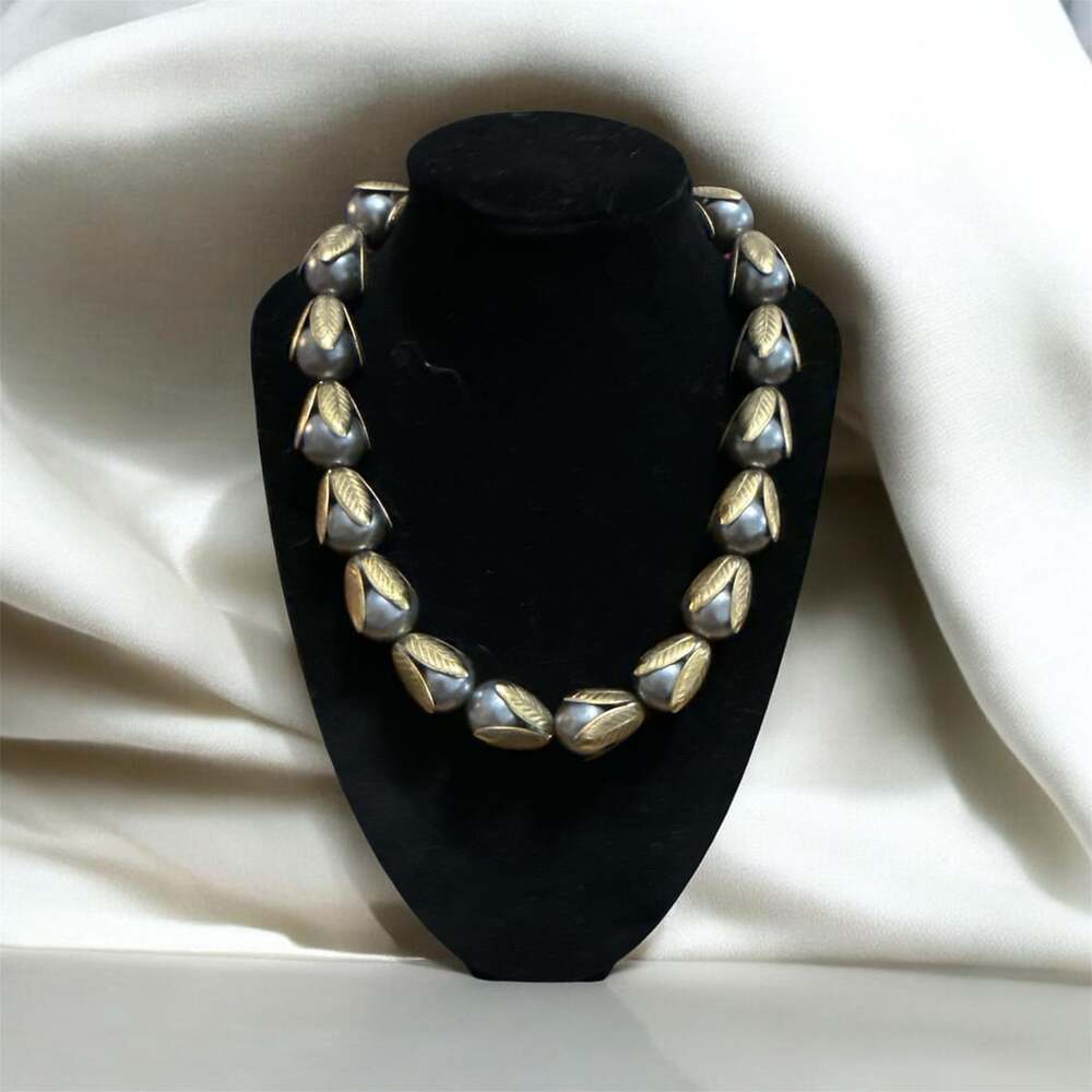 Lenora Dame Heavy Faux Pearl And Goldtone Leaf Necklace